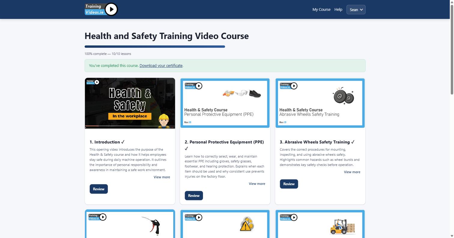 Real employee view of a completed course, with a certificate ready to download