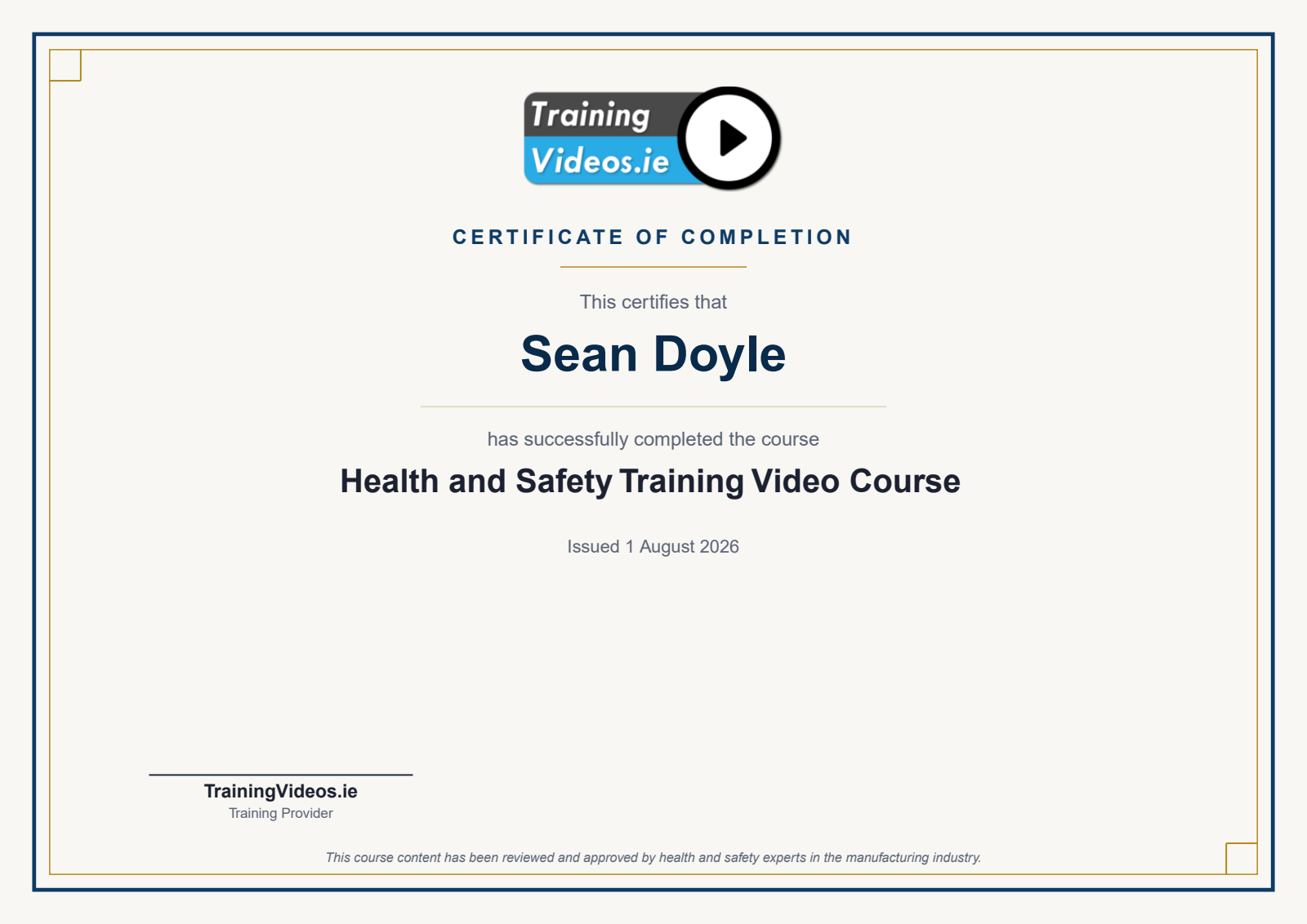 A real TrainingVideos.ie certificate of completion